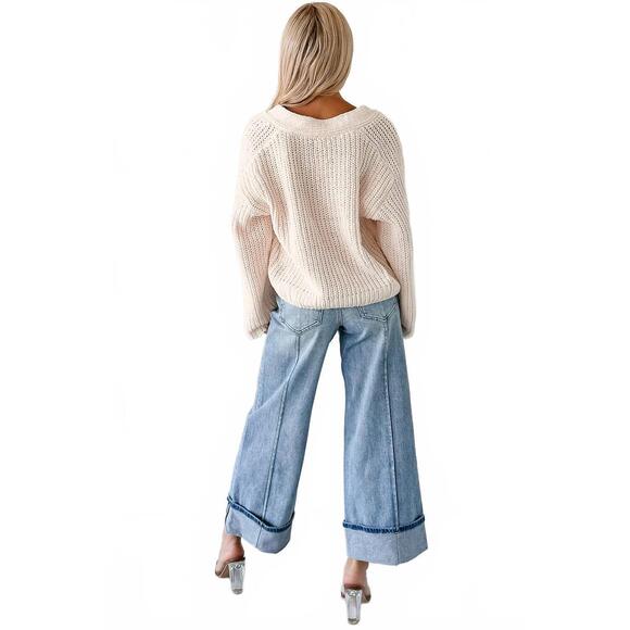 NEW POL chenille v-neck cardigan in powder cream - Picture 5 of 5